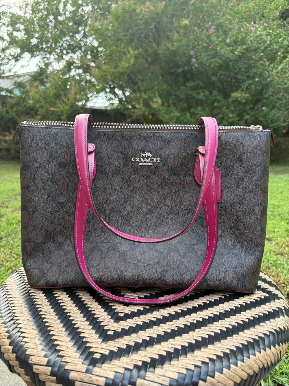 Coach Signature Logo Brown Pink Zip Top Tote Shoulder Bag Charm Silver Hardware